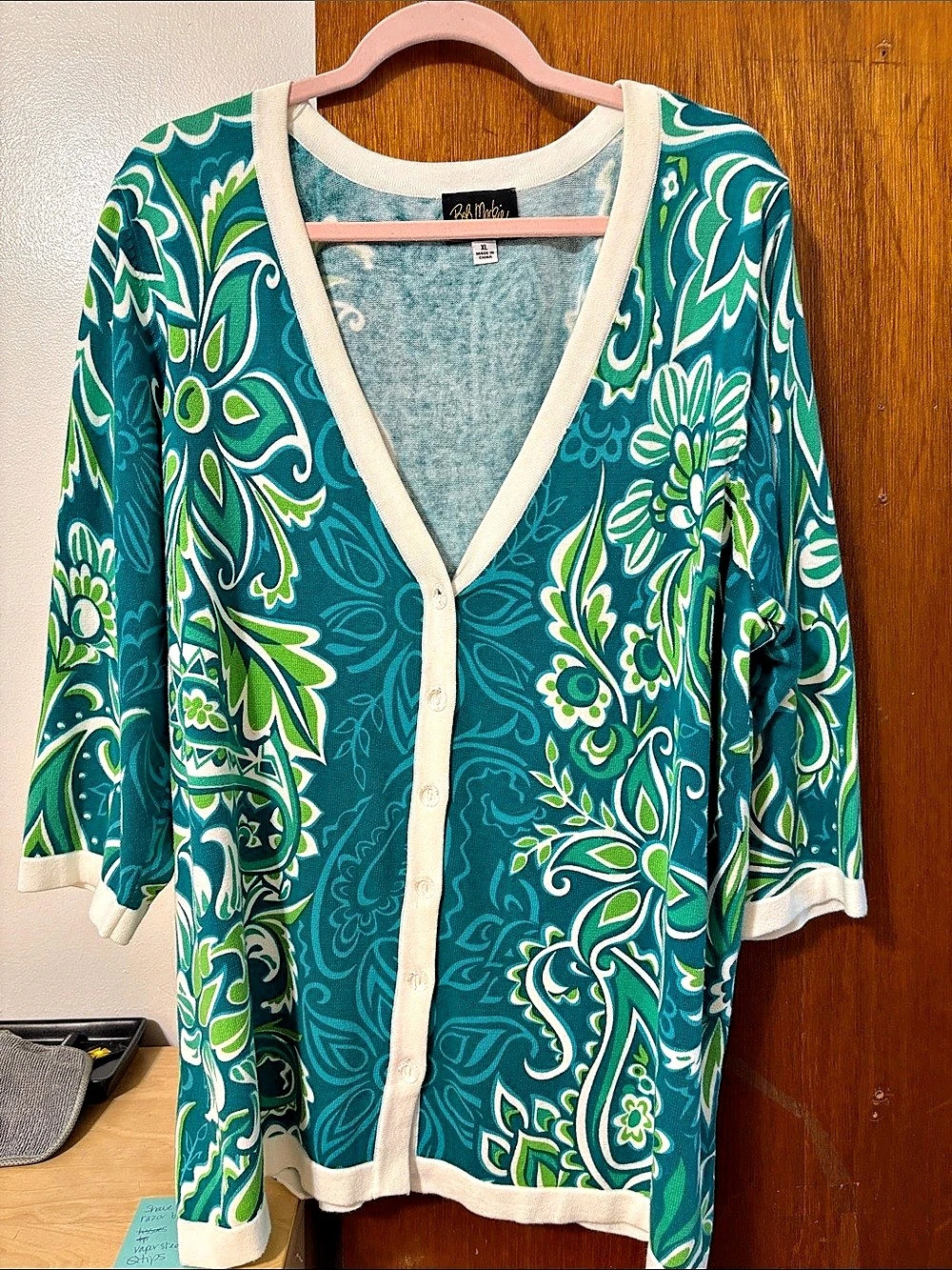Bob Mackie Paisley Cardigan Green & White XL Like New